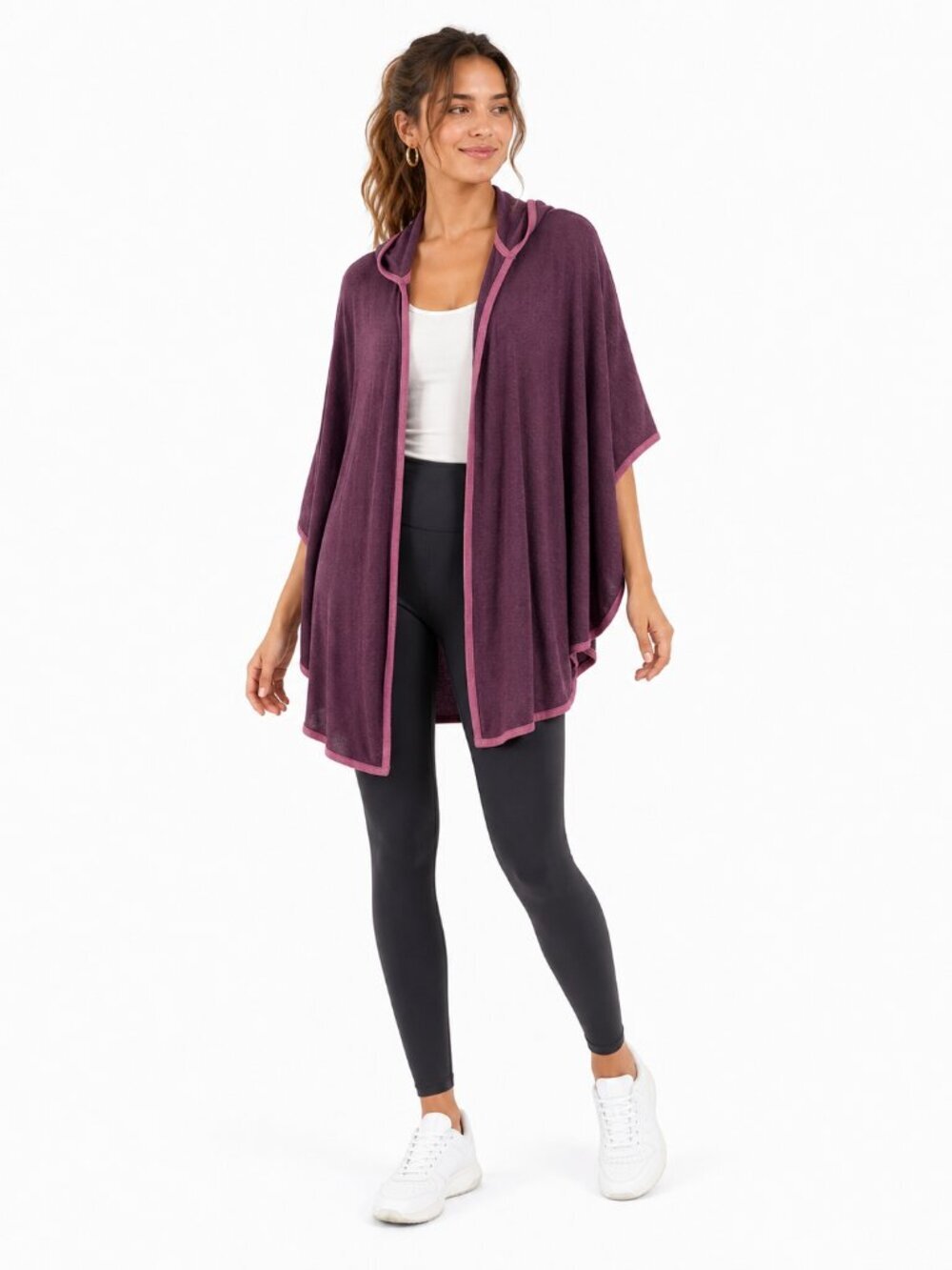 Balance Collection Open Front Hooded Poncho Wrap Heather Fig Size One Size